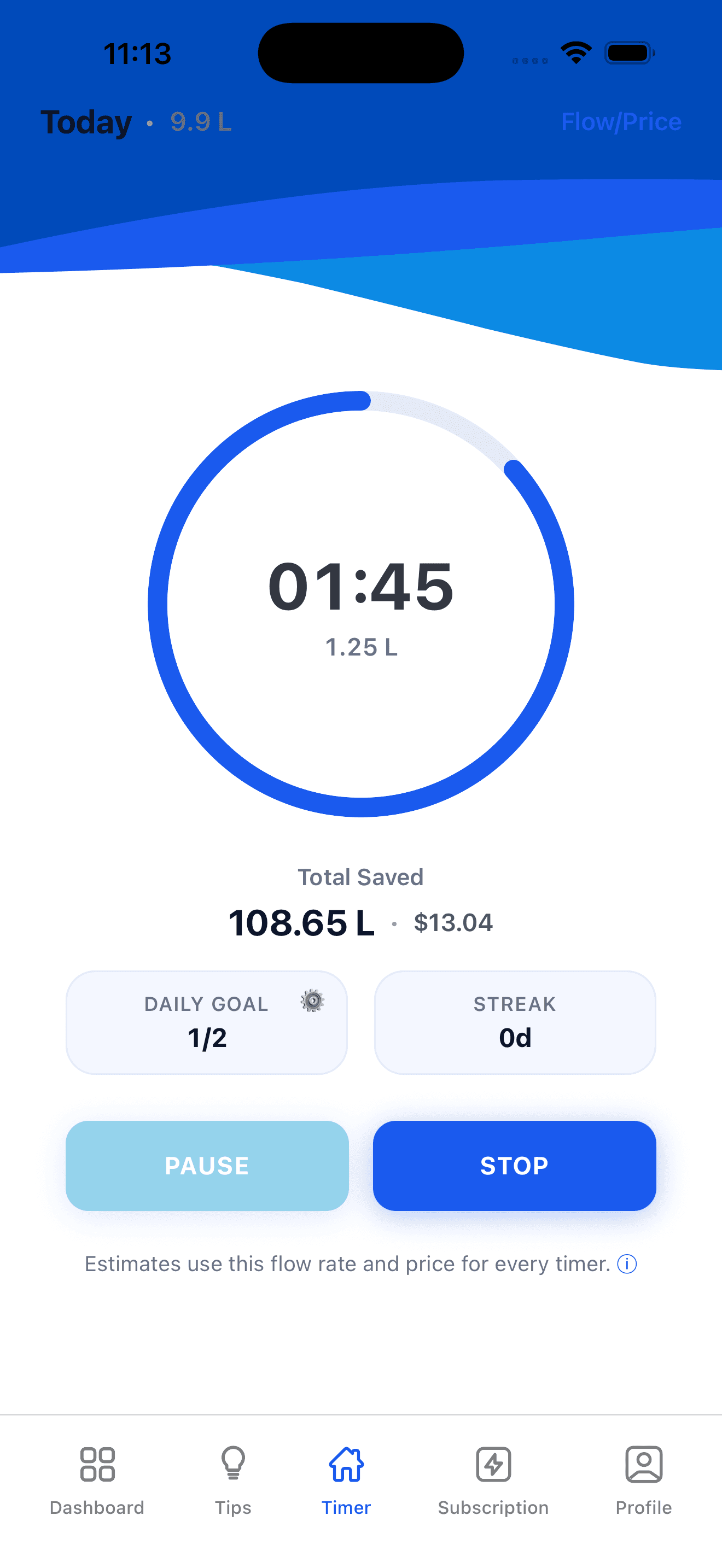 WaterSaver tracking screen placeholder