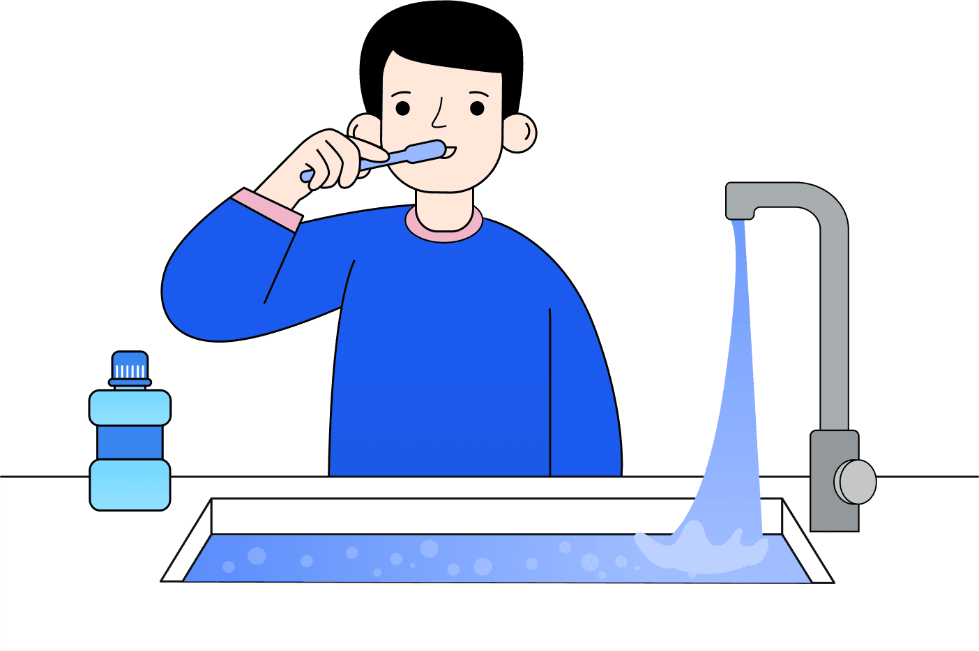 Child brushing teeth while water runs