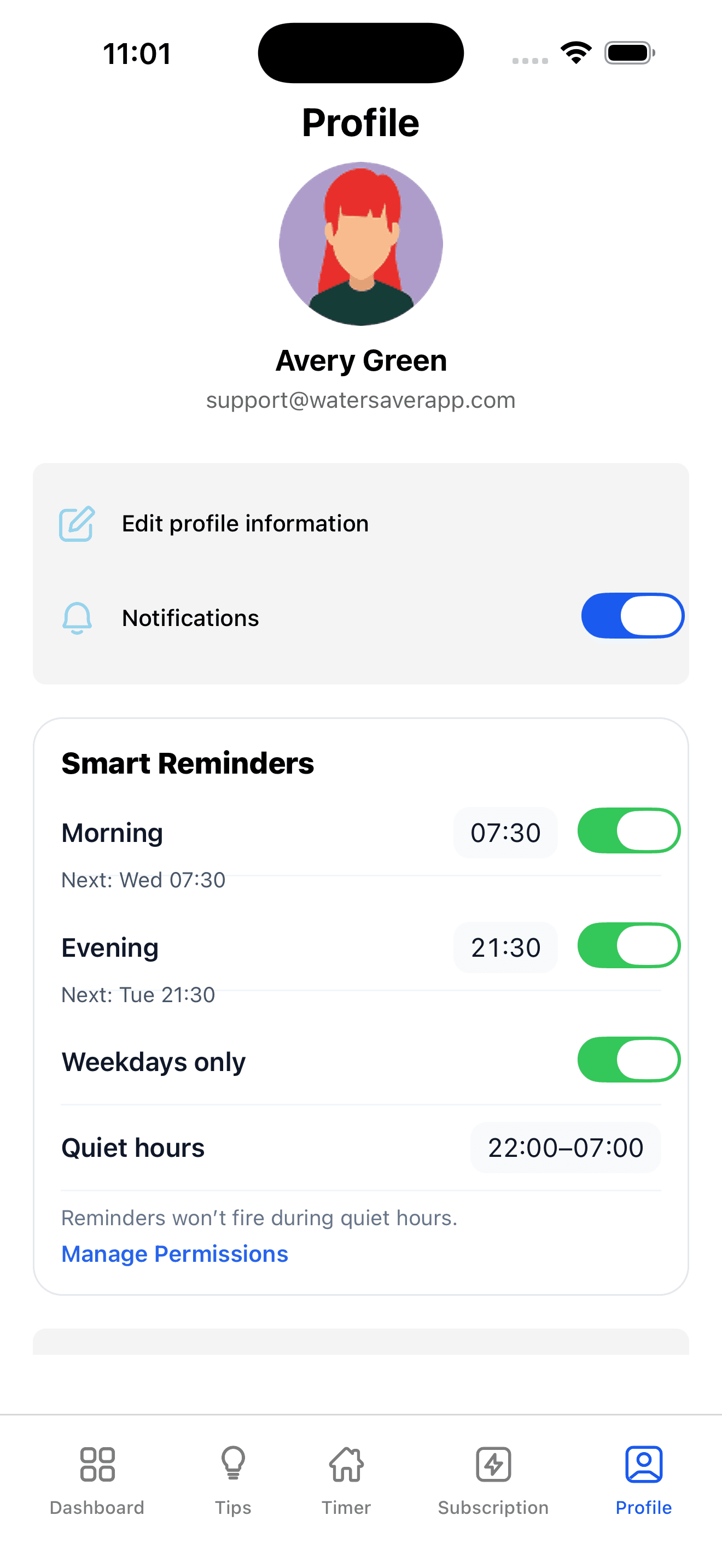 WaterSaver profile screen showing smart morning and evening reminders